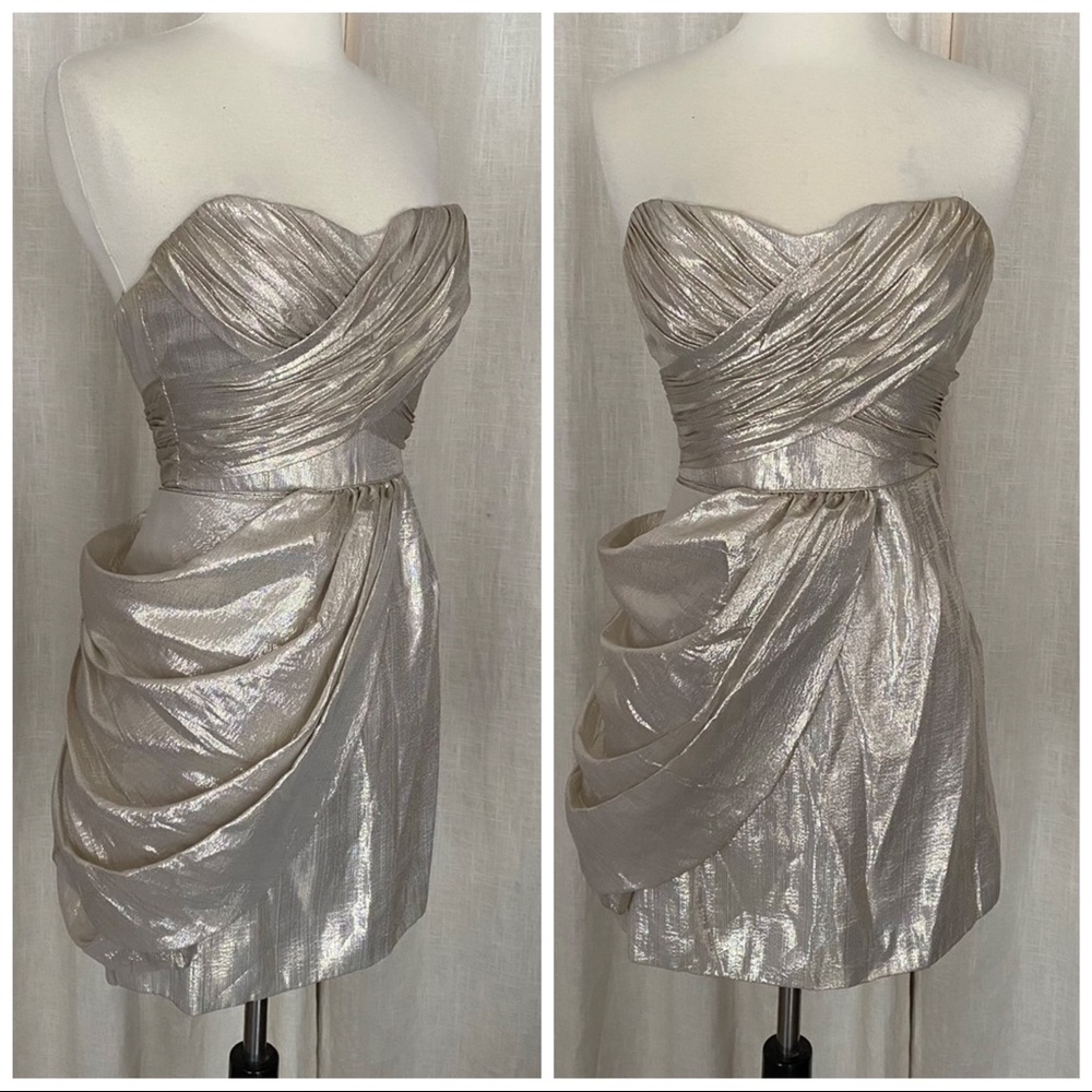 Jill Stuart gold silk strapless cocktail party formal dress 2